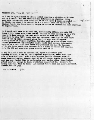 UFO Report at  Missile Sites - Whiteman AFB, Missouri (B) 9-7-1964