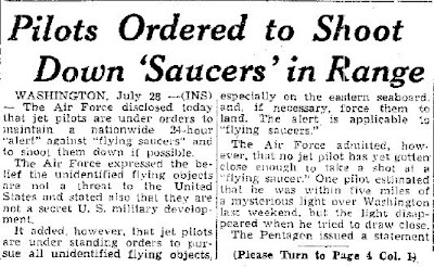 Pilots Ordered To Shoot Down Saucers in Range - Charleston Gazette 7-29-1952