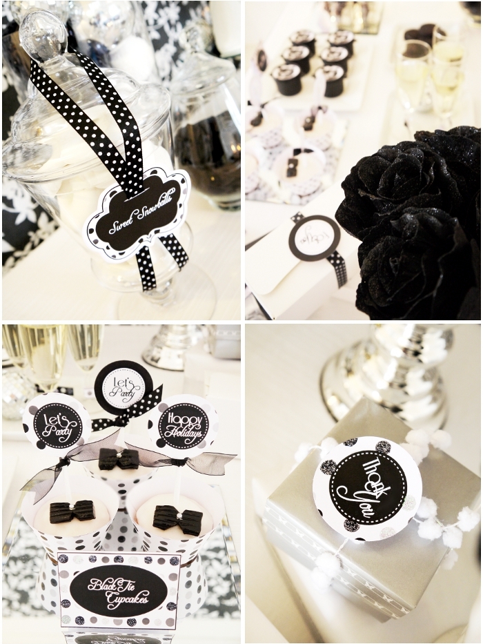 New Year's Eve Party Ideas: A Black & White 'Glitter and Snow' Holiday Party with Printables - BirdsParty.com