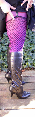 purple DKNY tights black fishnet stockings