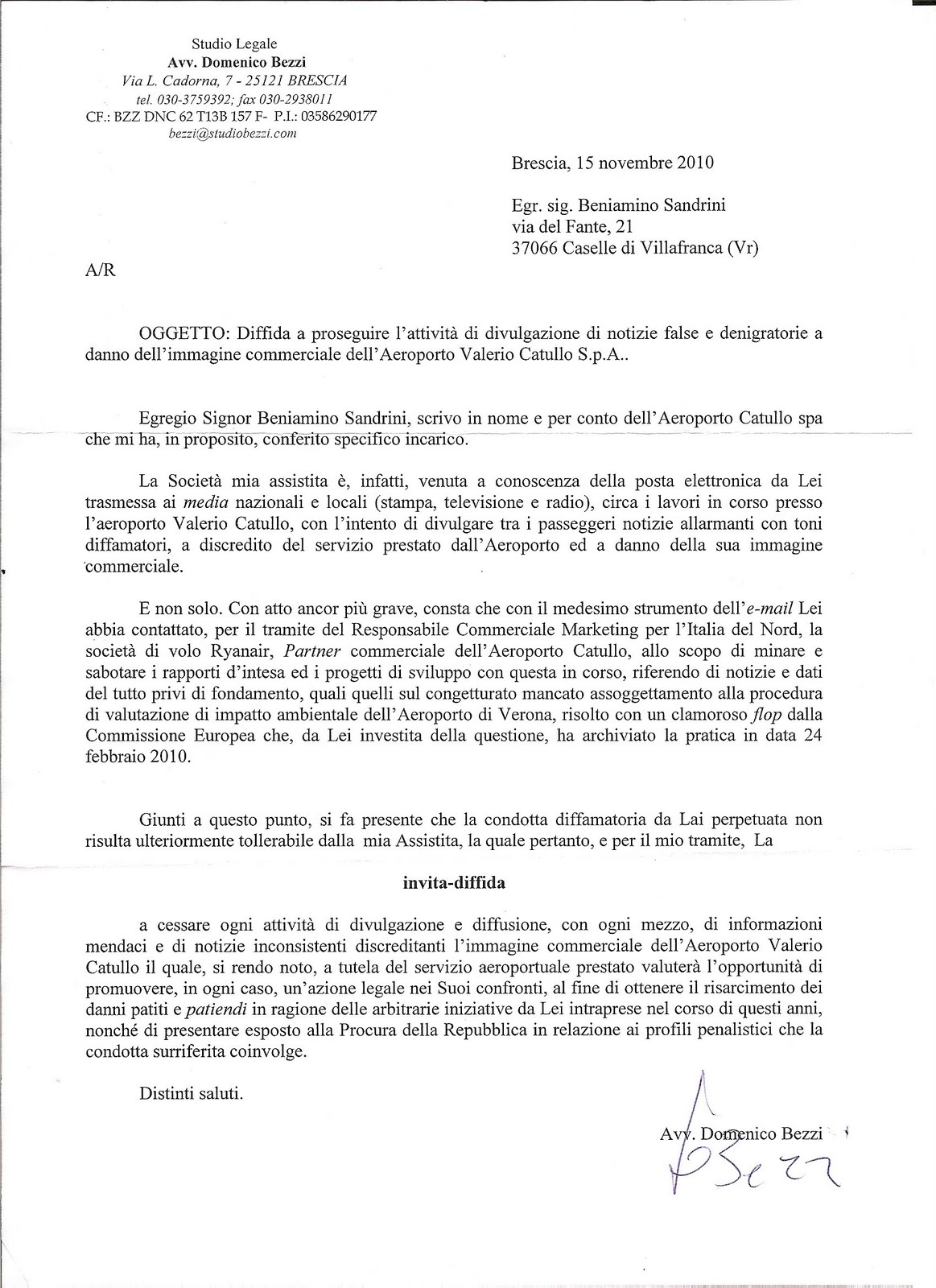 Fac Simile Lettera Di Diffida Per Danno Temuto