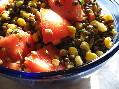 French Lentil Salad with Sweet Corn and Tomato