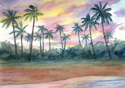 palm watercolor sunset trees painting paintings hawaii against sky oil waves zehoriginalart palms