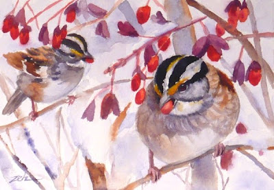 White throated sparrows and red berries watercolor painting