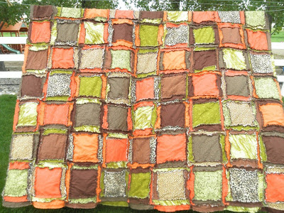 queen size rag quilt comes in orange, green, leopard print, and brown
