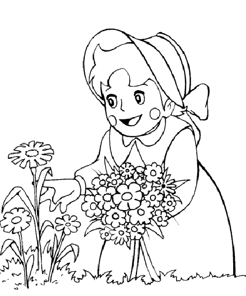 Dibujos Heidi para colorear recogiendo flores