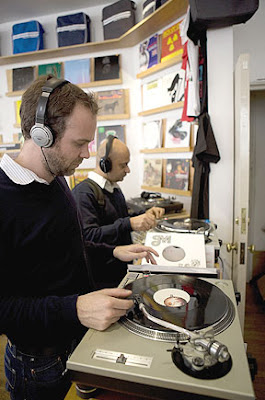 Most record shops with vinyl selections have turntable listening stations. Here, customers give records a trial spin at Sounds of the Universe, in Soho.