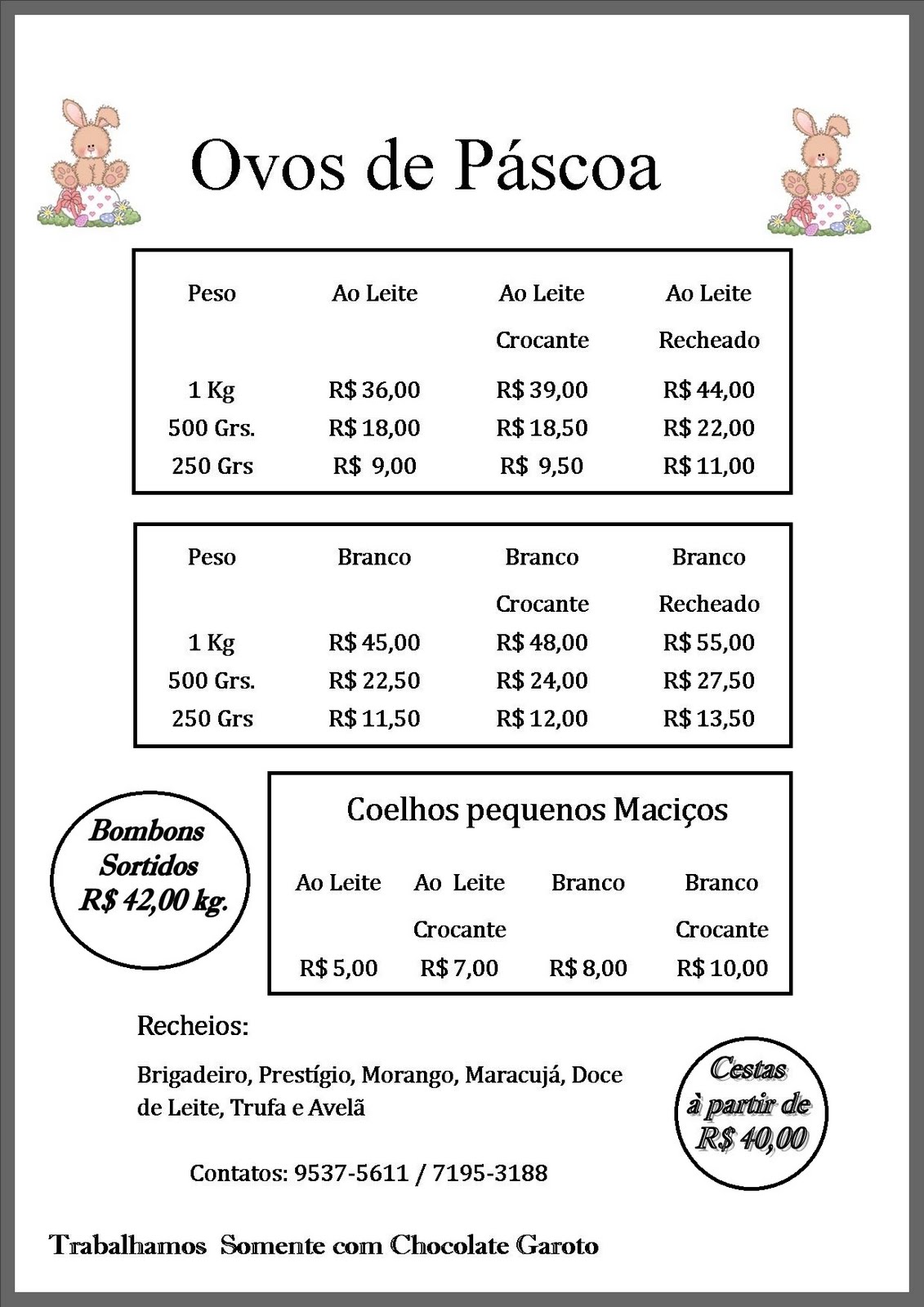 Chocólatra&Cia: TABELA DE PREÇOS DE OVOS DE PÁSCOA 2011