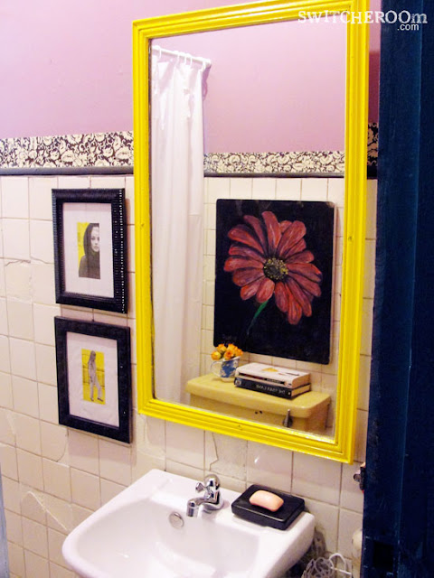 bathroom makeover, before and after bathroom, cheap DIY makeover, pink bathroom, swithcheroom, pink and black bathroom, yellow mirror