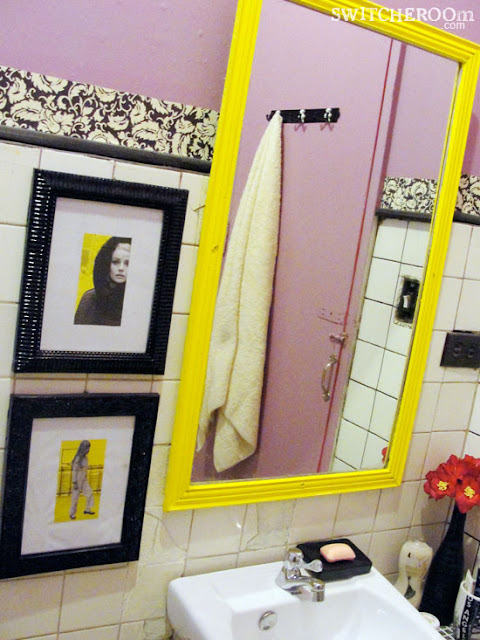 bathroom makeover, before and after bathroom, cheap DIY makeover, pink bathroom, swithcheroom, pink and black bathroom, yellow mirror