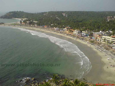 beaches in kerala,aerial view of kovalam beach one of the hottest tourist spot in trivandrum of kerala,aerial scenic photograph of kovalam beach