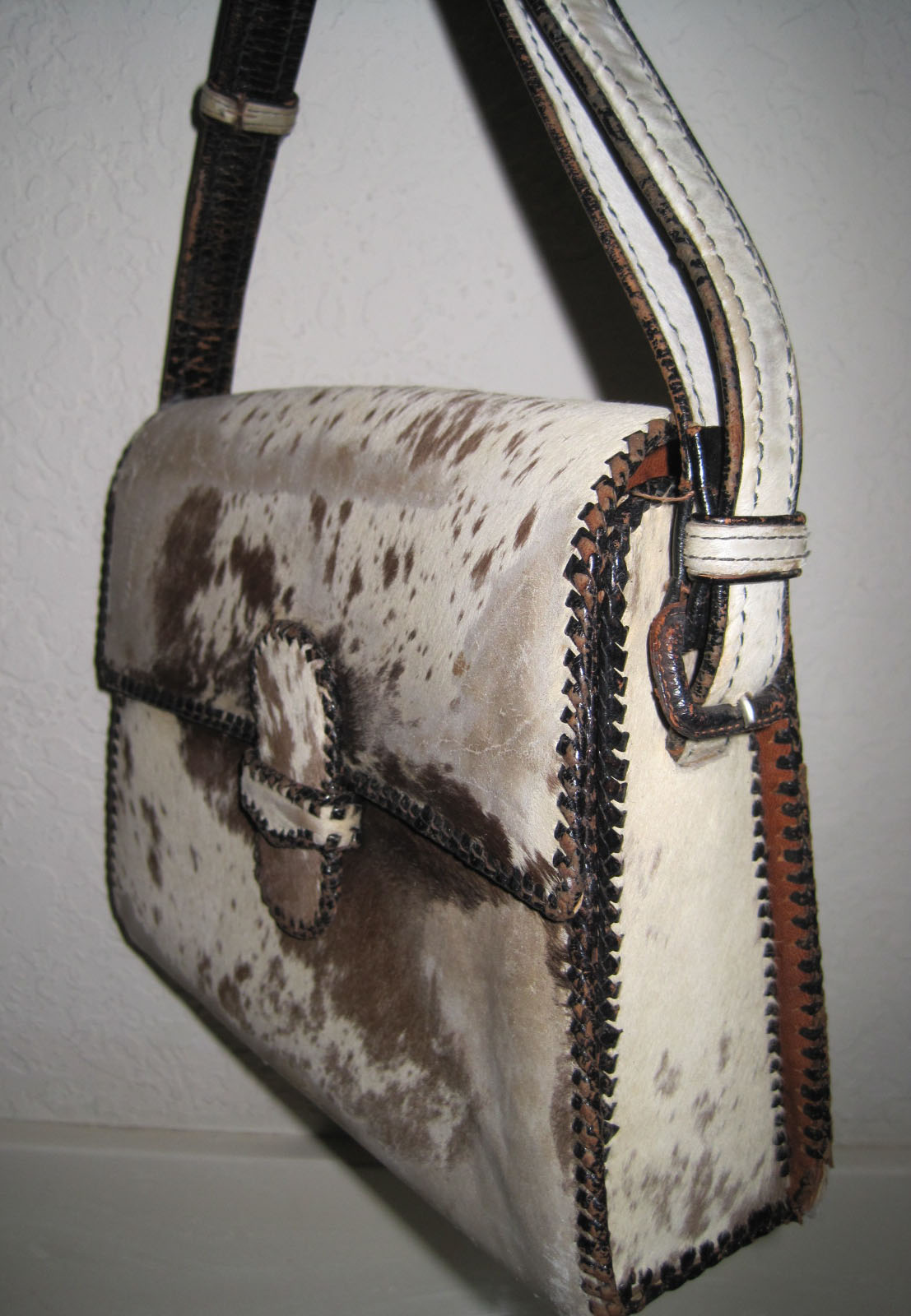 Morris & Lucy's closet Vintage Purse Leather Cowhide bag Brown & White