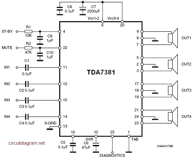 Quad Audio Amplifier Circuit diagram with TDA7831 4×25W |AUDIO