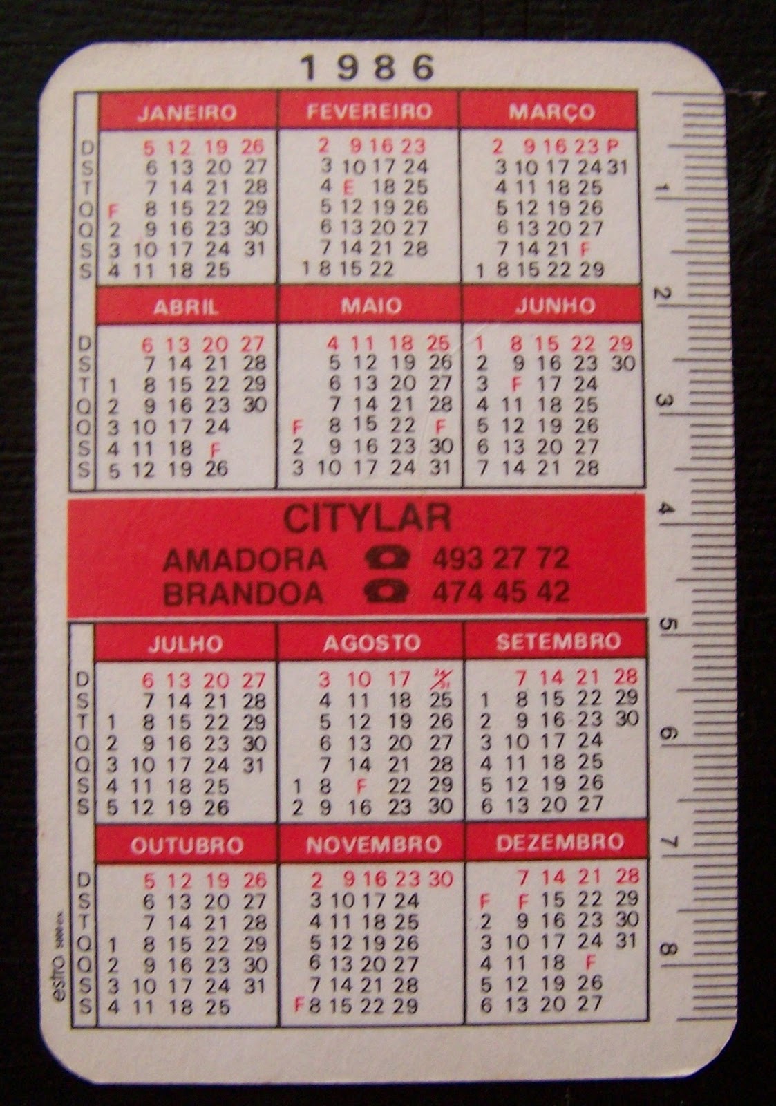 Colecionismos Calend rio 1986