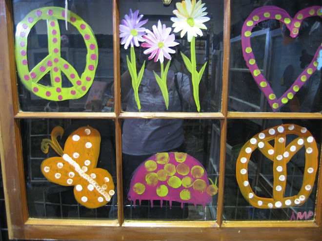 Old Window Art - Peace Signs Critters and Daisies