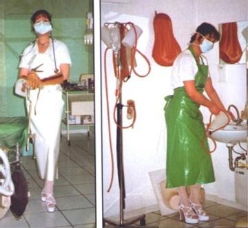 enema nurses in rubber apron.