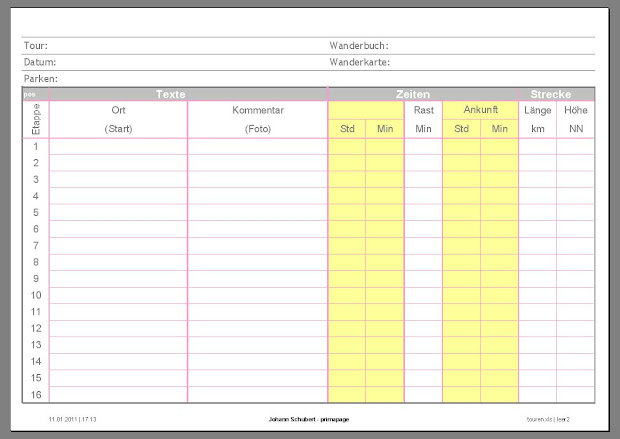 Formular für Wandernotizen