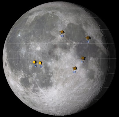 Zonas de alunizaje de las misiones Apolo. Imagen: NASA's Goddard Space Flight Center Scientific Visualization Studio