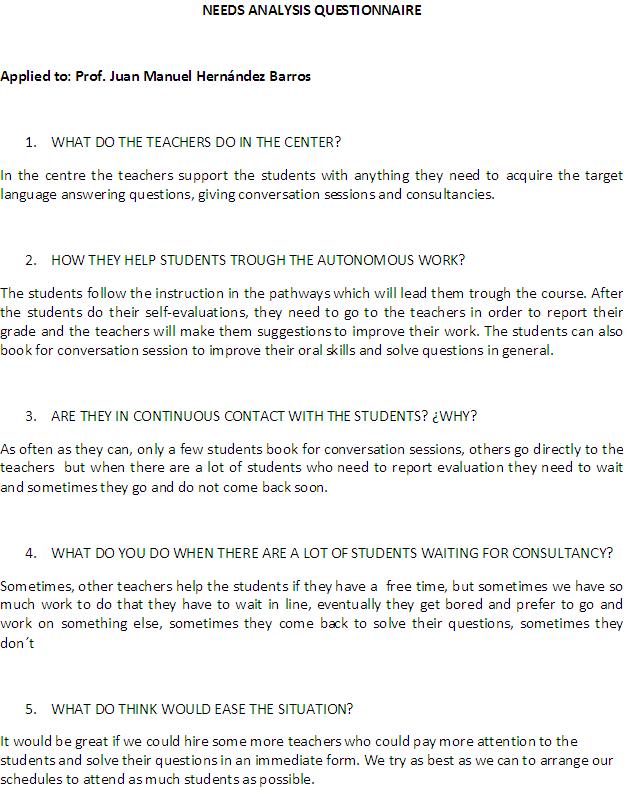 My social service...quite an experience: 2.1 NEEDS ANALYSIS QUESTIONNAIRE