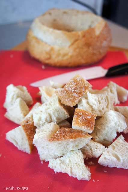 Chopped bread on a cutting board. 