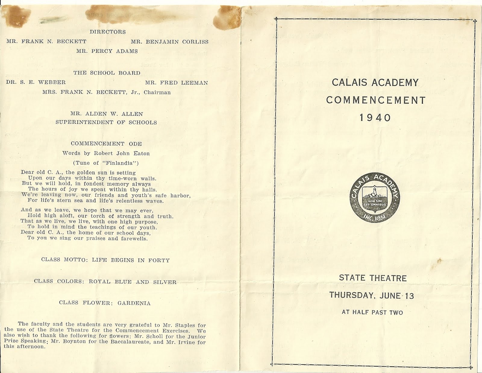 Heirlooms Reunited 1940 Calais Academy Commencement, Calais, Maine