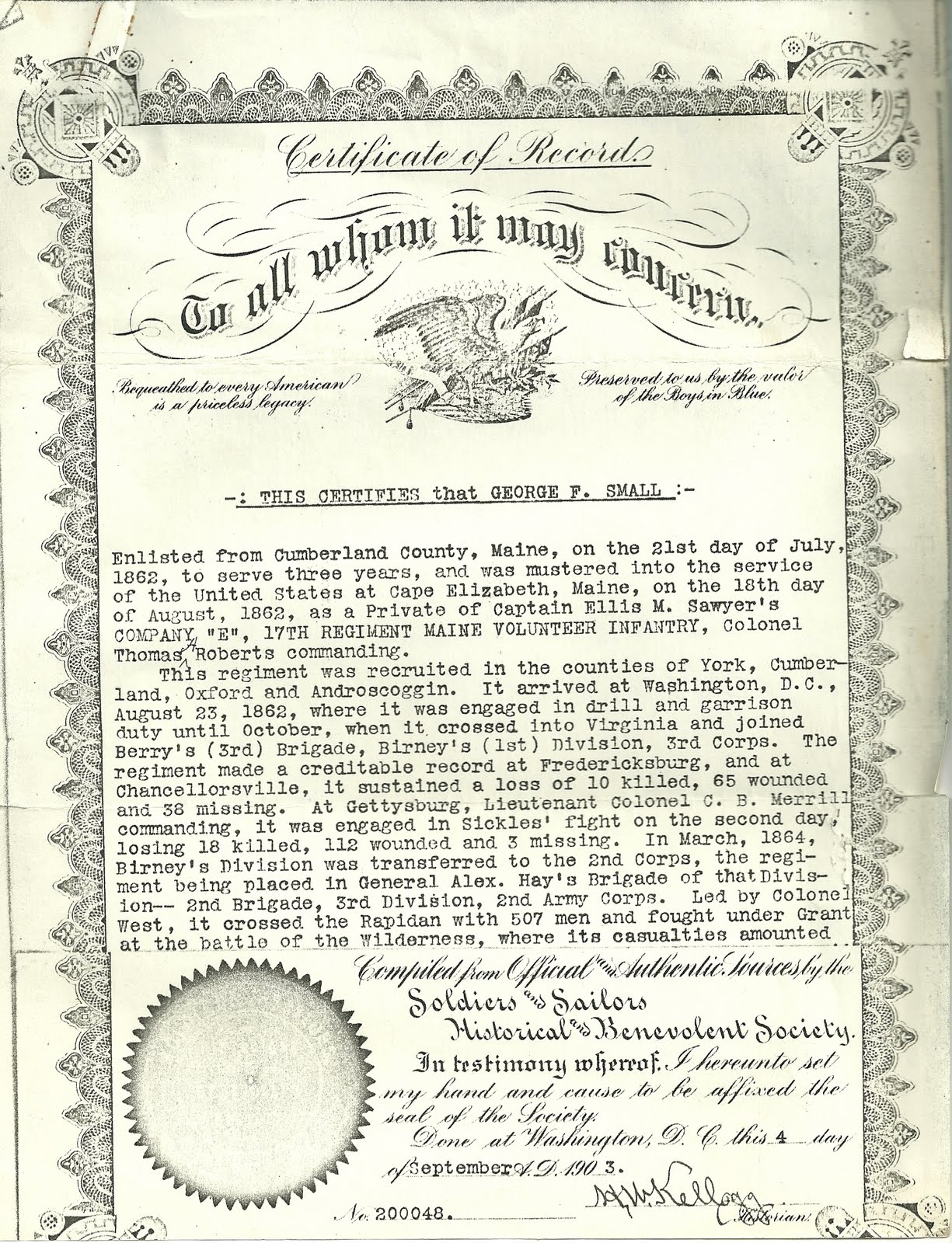 Heirlooms Reunited Certificate Of Record For George F Small Cape heirlooms-reunited-certificate-of-record-for-george-f-small-cape