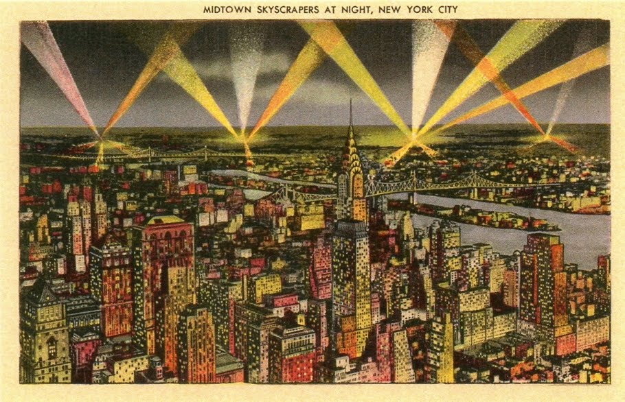 Walk in New York Vintage Postcard Midtown Skyscrapers at Night