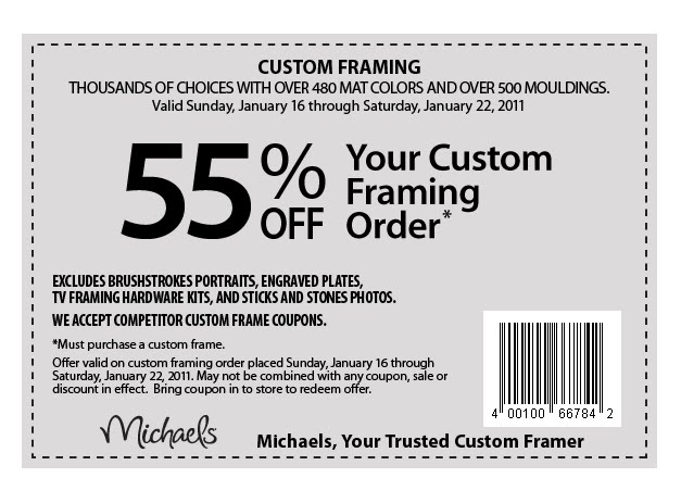 michaels printable coupons april 2011. Click to print 55% off custom framing coupon at Michaels