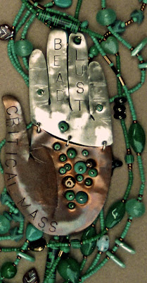 detail, beaded necklace with fabricated metal hand by Robin Atkins, bead artist