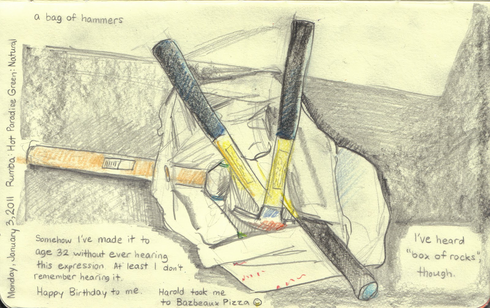 Art by K. Gill 010311. A bag of hammers.