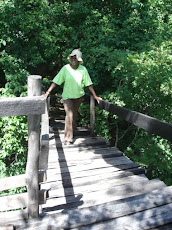 Deliwe reluctantly climbing treehouse bridge