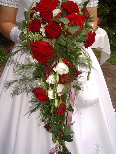 Simple wedding bouquet with red and white roses