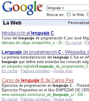 Búsqueda de -lenguaje C- en Google