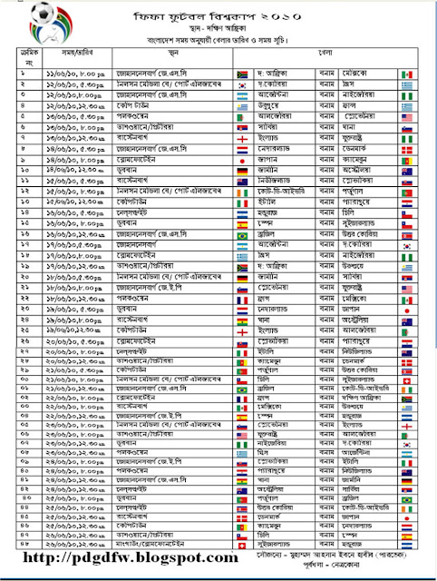 FIFA WORLD CUP 2010 MATCH SCHIDULE FOR BANGLADESHI TIME