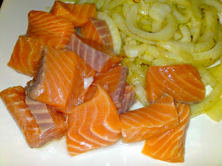 Raw salmon sashimi, with sautéed fennel