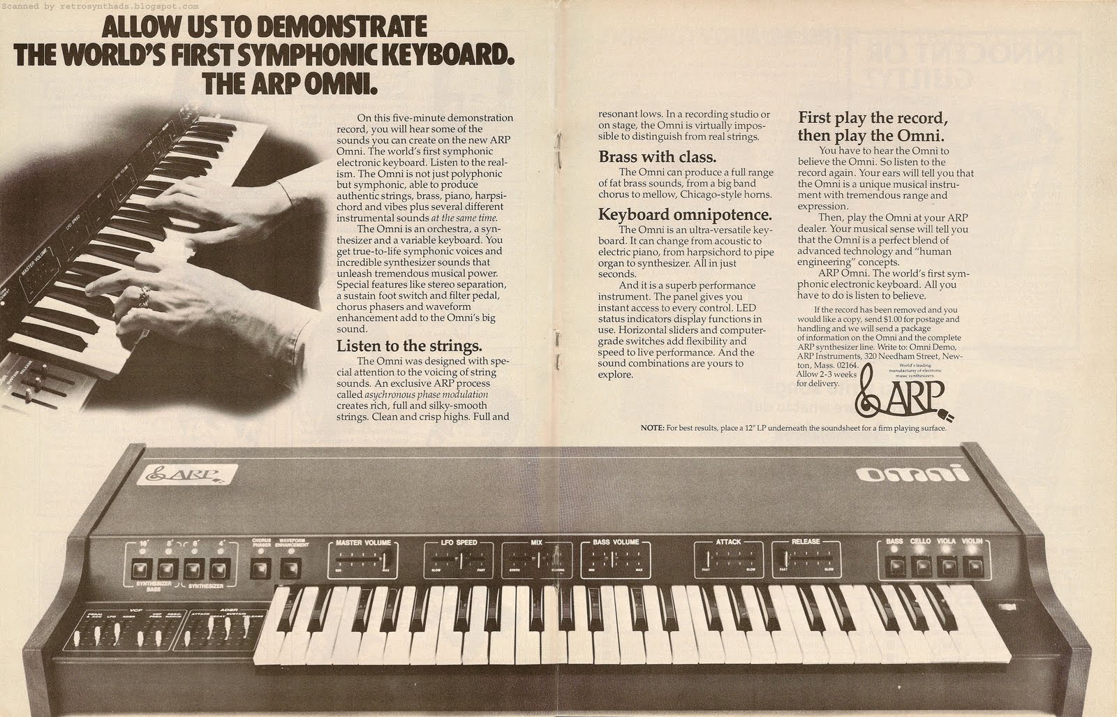 ARP Omni symphonic electronic keyboard, Contemporary Keyboard 1977.