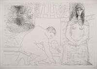 A sketch of a crushing of man in front of an easel as a woman poses for him with her chest bared.