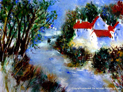 watercolor landscape paintings uphill roofing houses title