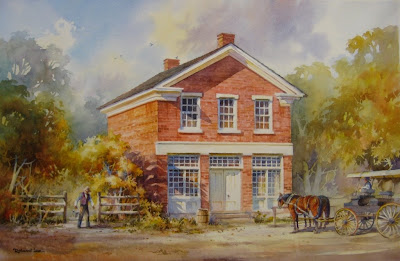 Painting of James Henry Rollins and Joseph Smith's Red Brick Store in Nauvooo Illinois by Roland L. Lee