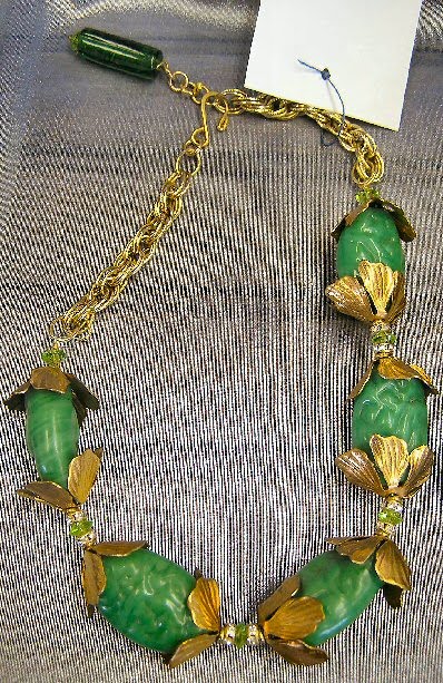 Green Art Glass Beads with Brass Leaf Caps and Brass Chain