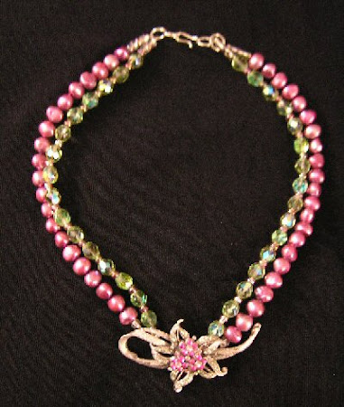 Necklace with Rose Pearls, Green Crystal Beads & Vintage Rhinestone Centerpiece