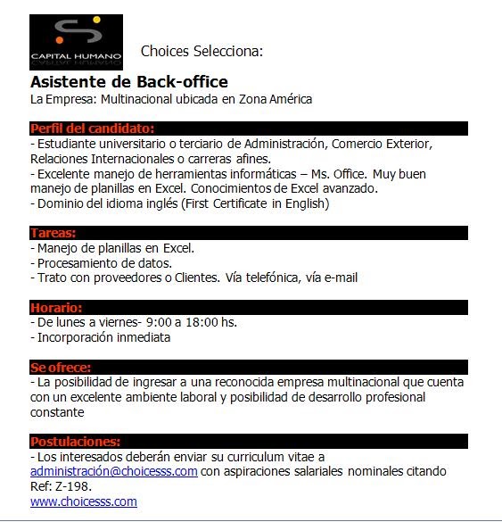OFERTA LABORAL URUGUAY - OLU: Asistente back-offices - Choices