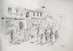 market scene sketch melons colours adventure