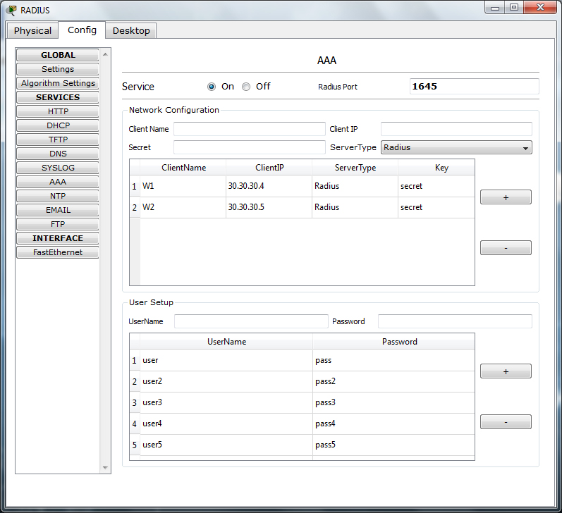 Configuración de Servidor Radius en Packet Tracer