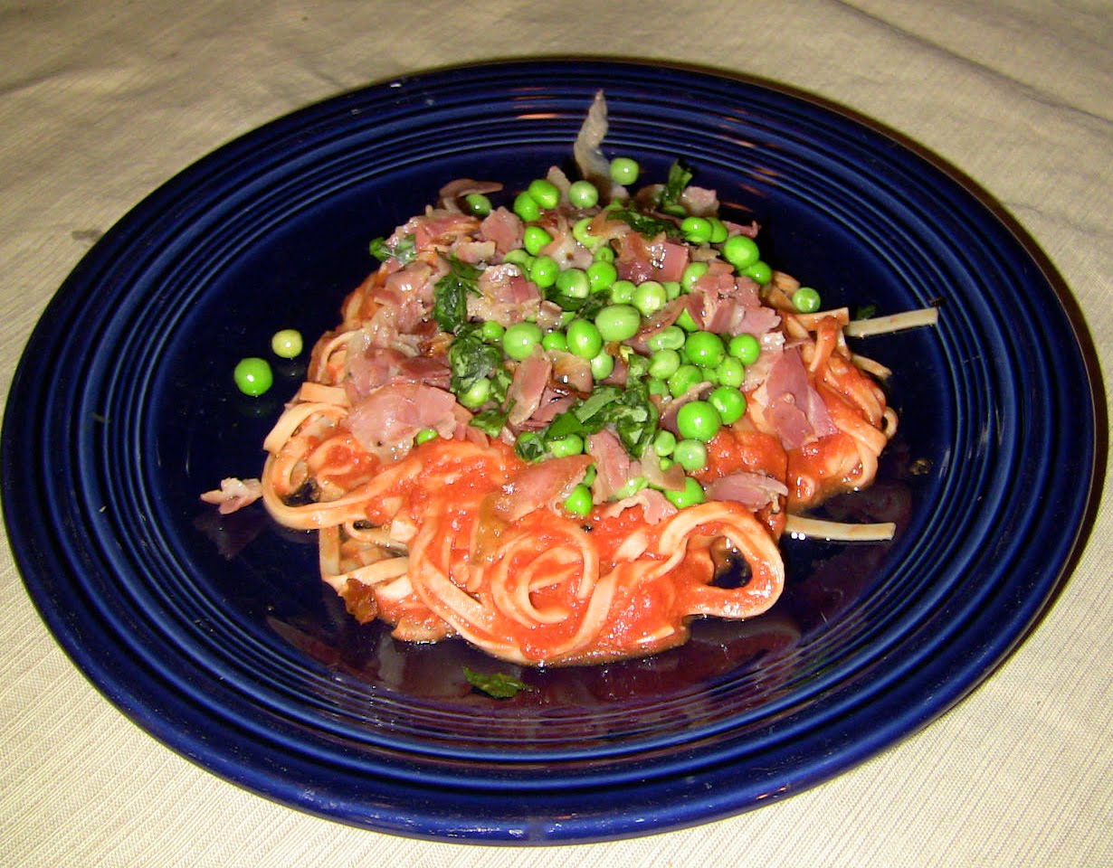 Nana's Fabulous Life Fab recipe Linguine with vodka sauce, pancetta and fresh peas