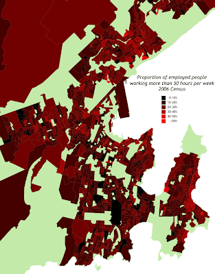 Proportion of employed people working more than 50 hours per week - Wellington, 2006 census