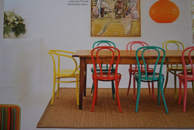 Different Coloured Thornet Bentwood Chairs With Arm Chairs At Either