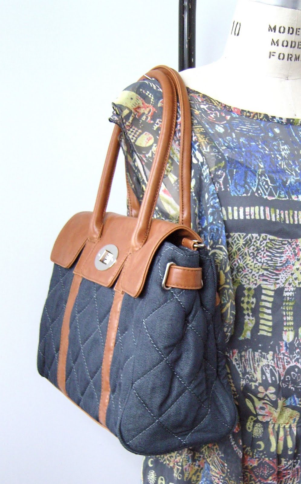 Denim quilted bag, like Mulberry Bayswater tote Black Dove Vintage