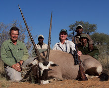 Vicki Roden and her unplanned gemsbok, with PH Harry Claassens (www.harrysafaris.co.za/) and crew.