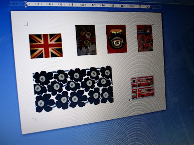 Screen shot of a Word document containing images of vintage tea towels, a union jack and a length of Marimekko Unikko fabric.